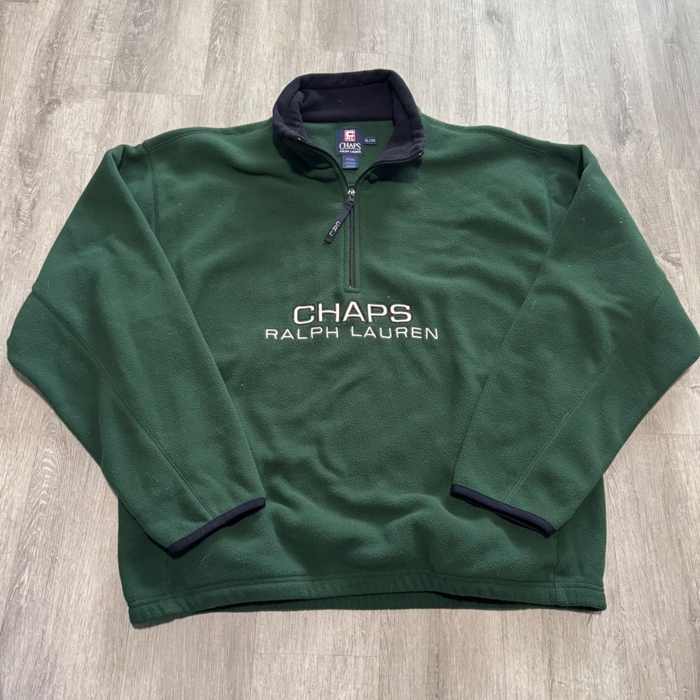 Chaps Ralph Lauren Mens XL Quarter Zip Fleece Pullover Green Vintage Sweatshirt